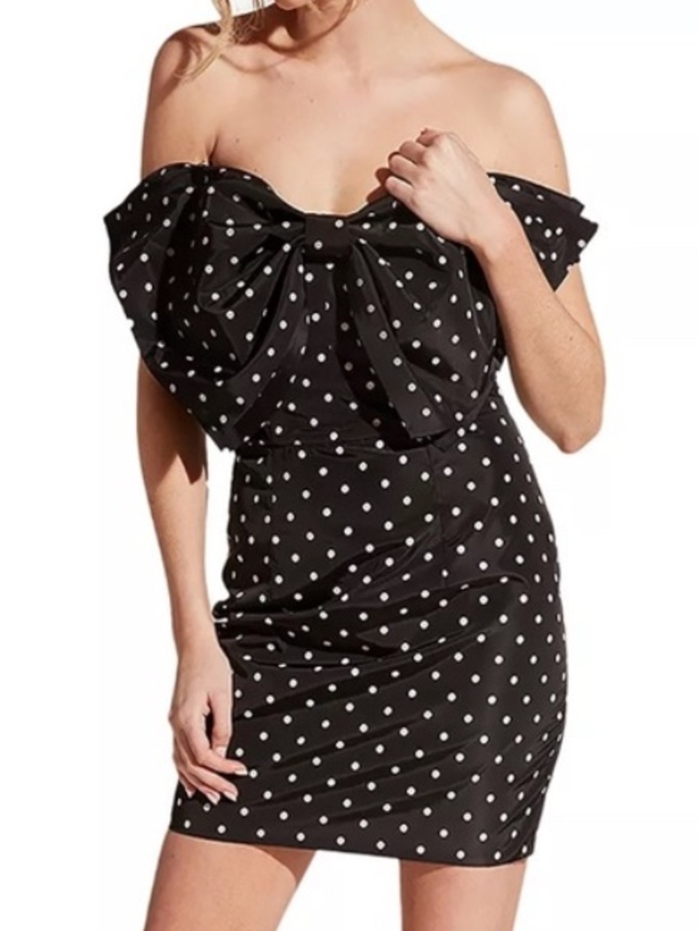NWT BarDot Off-Shoulder Black Polka Dot Mini Dress L